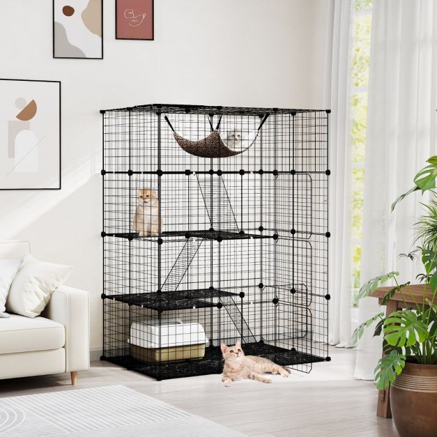 Geräumiger 4-stöckiger Katzenkäfig 143 cm hoch - Schwarzer Metalldrahtkäfig mit Hängematte, Regalen und Leitern für Katzen und kleine Haustiere