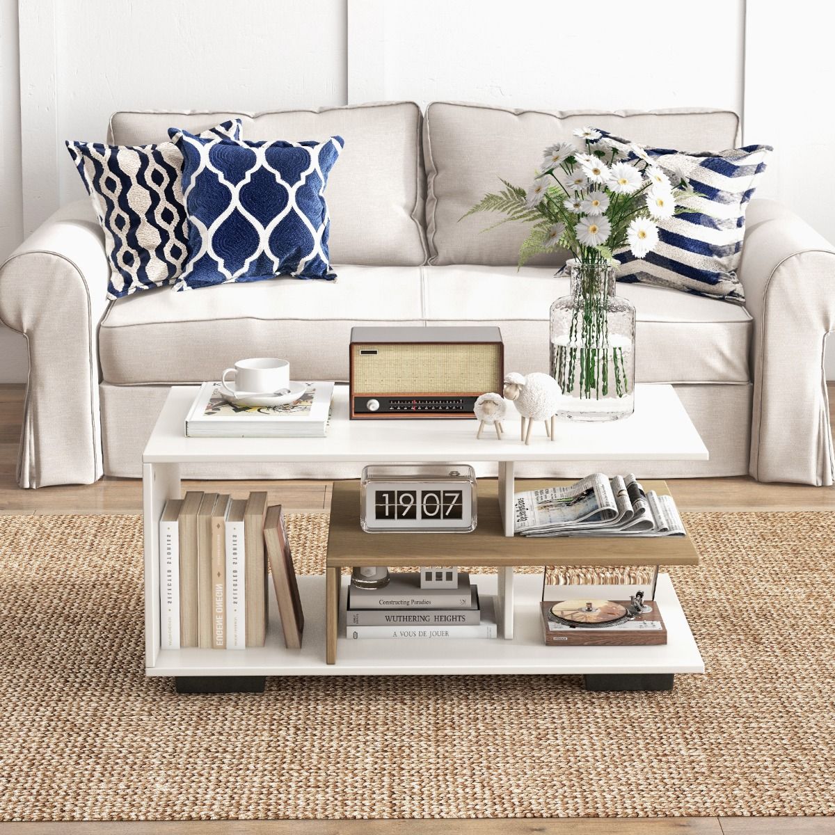 Coast Couchtisch mit Ablage 90x50x42 cm, Natur + Rustikales Weiß, Geometrisches Design mit 3 Ebenen und zentralem L-Regal
