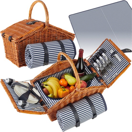 tectake - Komplettes Picknickkorb-Set Vlieland - Luxuriöses 23-teiliges Picknick-Set für 4 Personen - Weiden-Picknickkorb mit Picknick-Teppich - Inklusive Kühlbox, Set mit Tellern, Kunststoff-Weingläsern und Edelstahl-Besteck