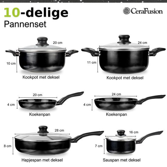 CeraFusion Keramikpfannen Set 10-teilig - Set mit Bratpfannen, Stielkasserolle, Kochtöpfen - Induktionspfannen - Pfannensets Aluminium