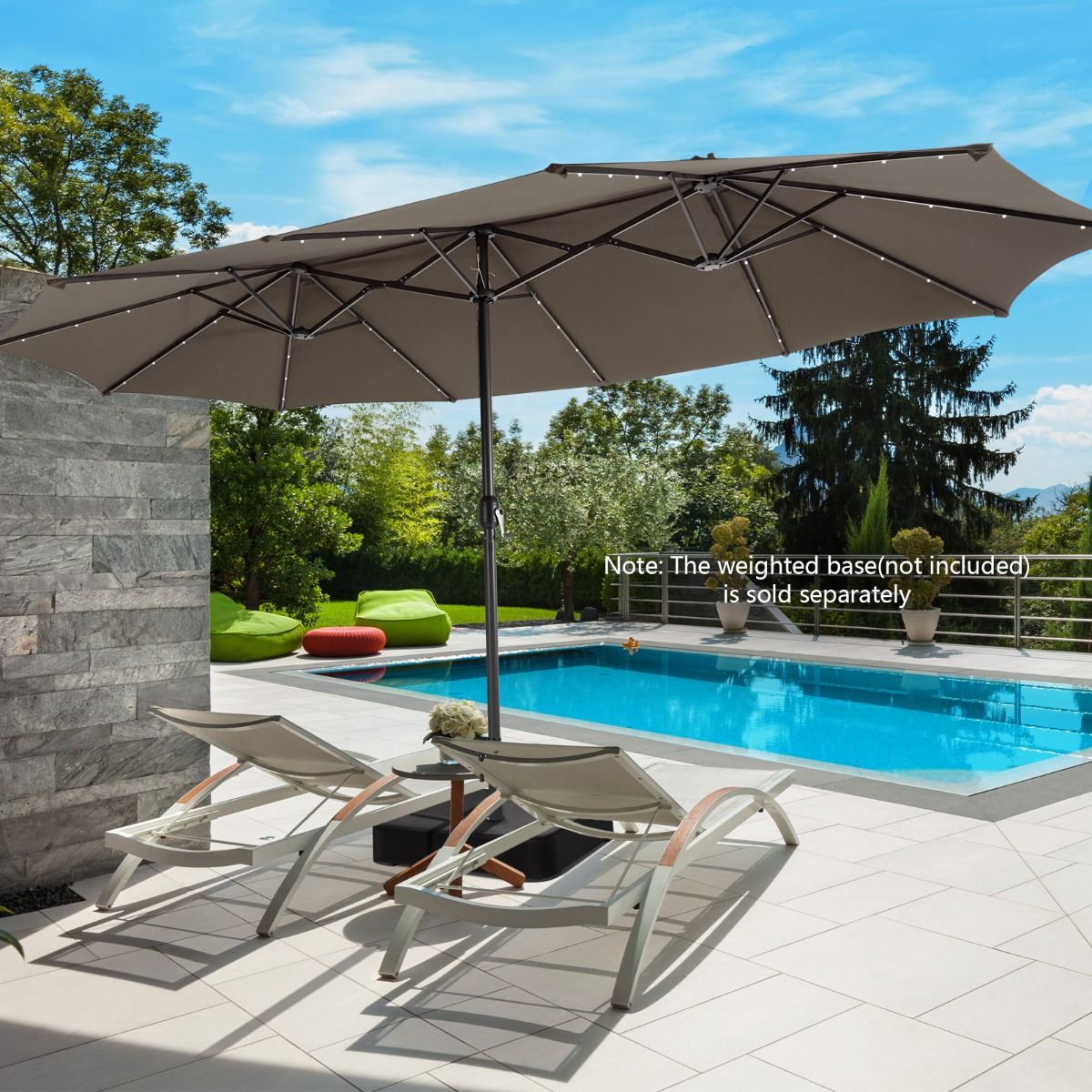 Coast Doppelseitiger Terrassenschirm 470 x 280 cm – 48 LED-Lämpchen mit Solarpanel – Kurbelmechanismus – Braun