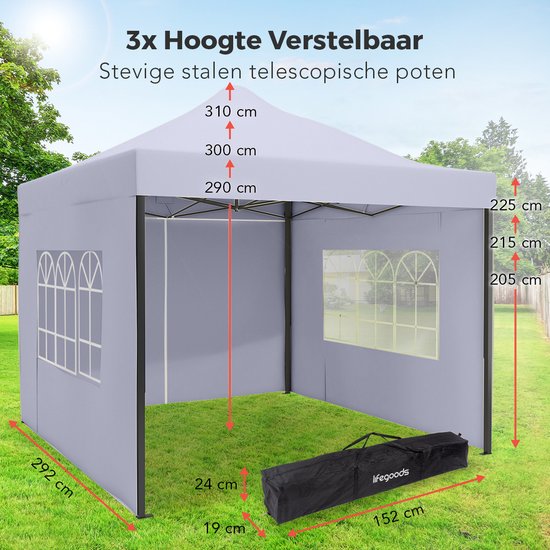 LifeGoods Partyzelt - Pavillon - 3x3 m - mit Seitenwänden - leicht aufbaubar - faltbar - wasserdicht - Tragetasche mit Rädern - dunkelgrau