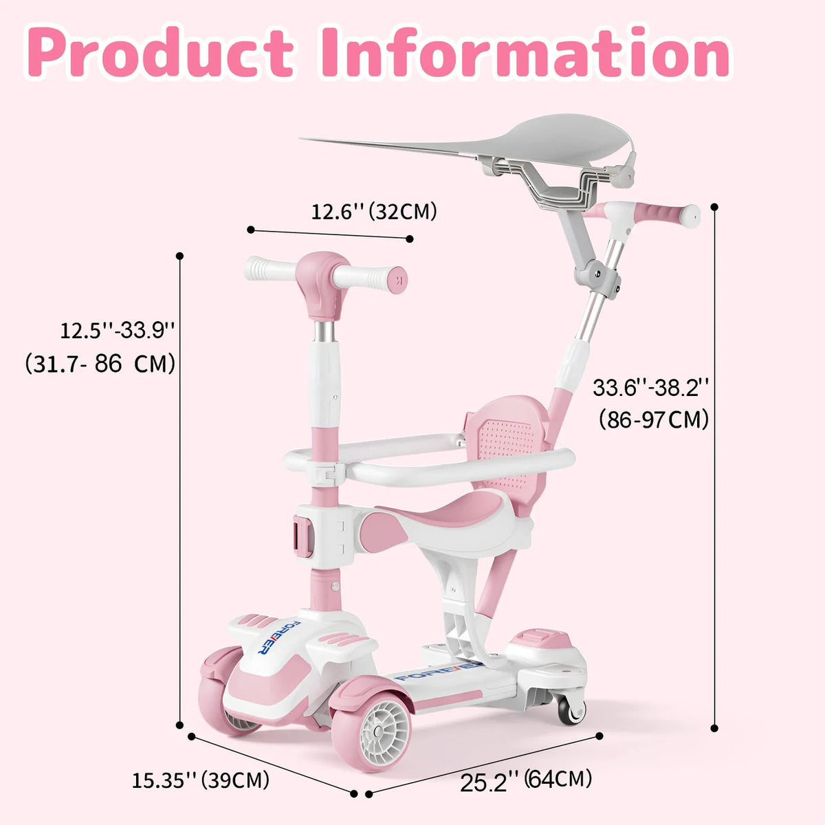 Neuleb 4-Rad-Roller für Kinder von 3 bis 8 Jahren, Kick-Roller mit drehbarem Sitz, maximale Tragkraft 100 kg, höhenverstellbar, Lenkung durch Neigen, für Jungen und Mädchen geeignet, rosa