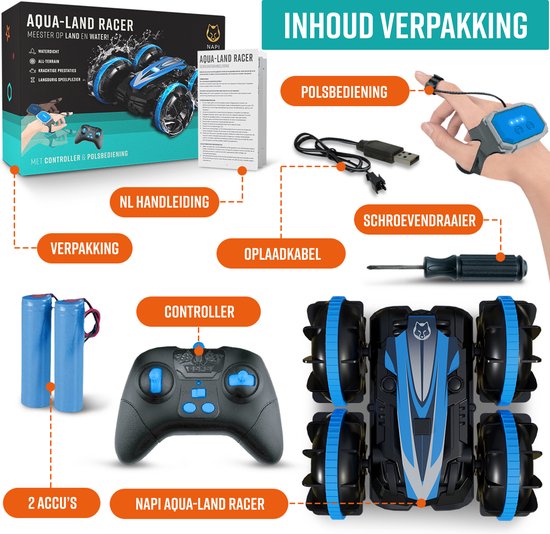 NAPI Controlled Car All-Terrain - RC Car mit 2 Batterien - Wasserdicht - Spielzeugautos Jungen - Outdoor-Spielzeug - Rennwagen/Boot Land & Wasser - 1,5h Spaß - Radiographisch - Aqua-Land Racer