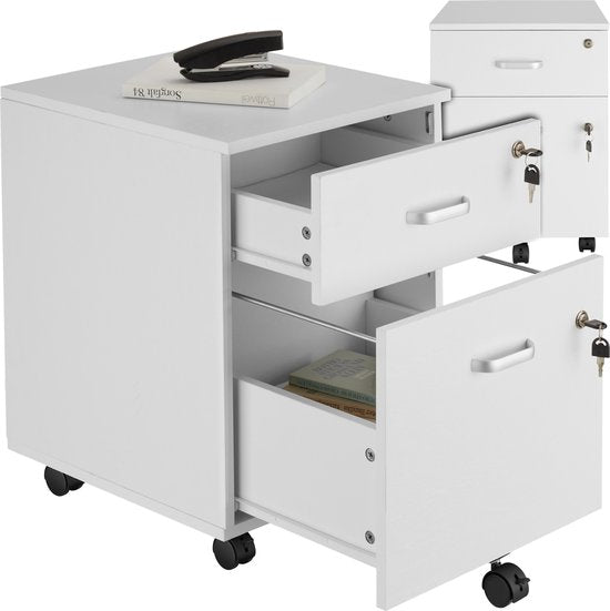 tectake Schubladenschrank - Mit 2 abschließbaren Schubladen, feststellbare Rollen - Rollcontainer - Organizer - Ideal für einen organisierten Arbeitsplatz - Büro, Arbeitszimmer, Home Office - Weiß