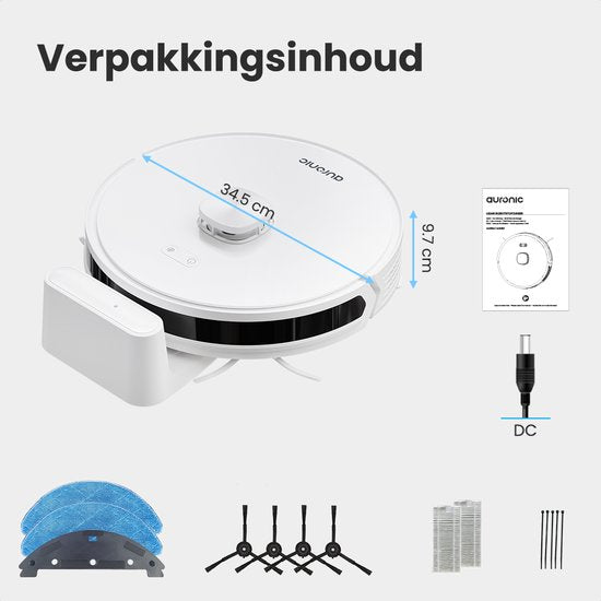 Auronic Staubsaugerroboter - mit Wischfunktion - WiFi und App - Ladestation - Haustiere - Wischroboter - Lasernavigation - Weiß
