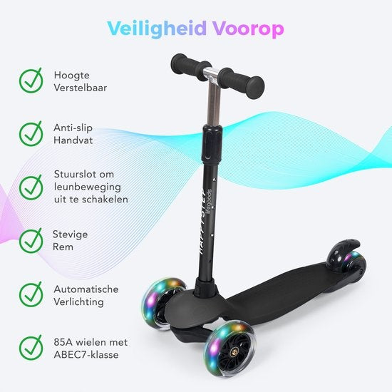 LifeGoods HappyStep Kinder-Roller Höhenverstellbar Alter 2-5 Jahre 3 leuchtende Räder Schwarz