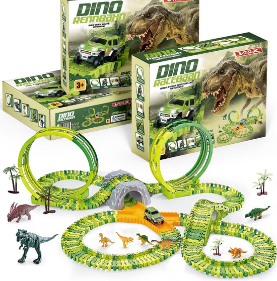 Vertrex 260-teilige Dinosaurier-Rennstrecke XXL - Dino-Spielzeug - mit 2x selbstfahrendem Safari-Auto