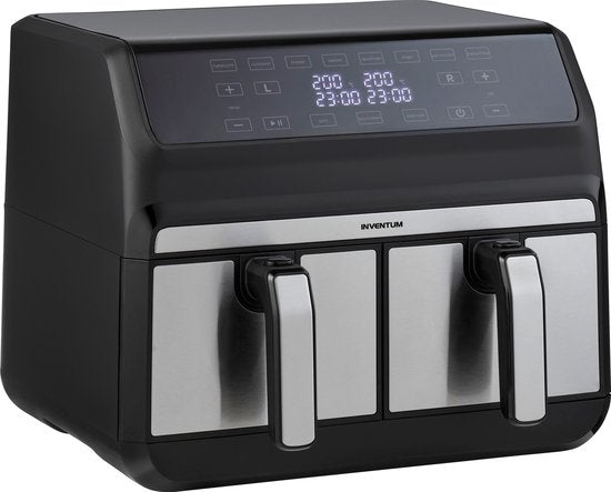 Inventum GF800HLD - Doppel-Luftfritteuse - Heißluftfritteuse - 2 x 4 Liter - 8 Programme - Duale Kochfunktion - 80 bis 200 Grad - PFAS frei - 1700 Watt - Schwarz/RVS