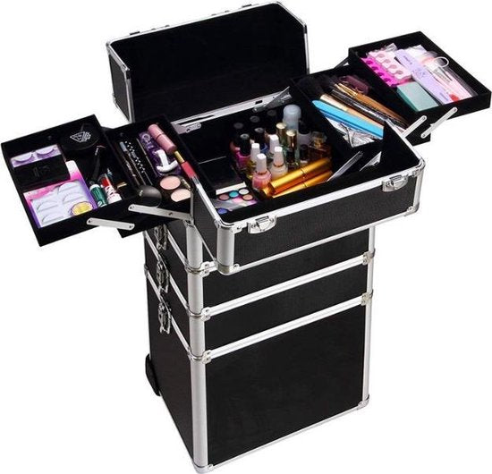 VDD - Schminkkoffer - Schminkkoffer - Schminkwagen - Friseurkoffer - Beautycase - Kosmetikkoffer - Mit Rädern - Schwarz - 26 x 35 x 70cm