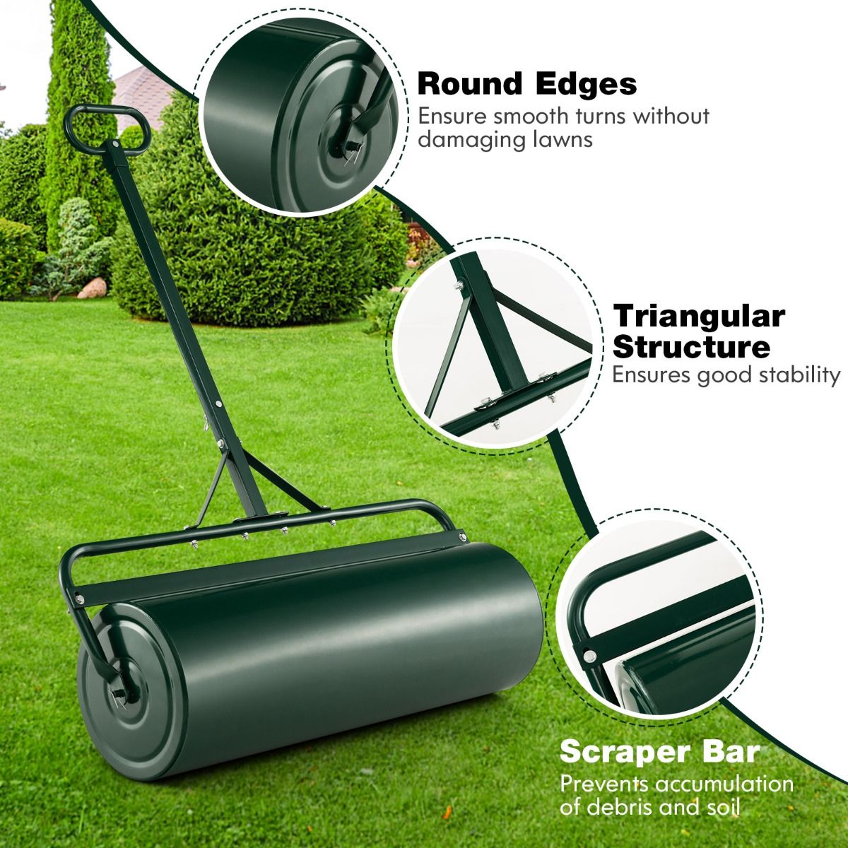 Coast Metall-Garten-Rasenwalze 63L - 99 x 30 x 137 cm - Grün - Abnehmbarer Griff & Traktor-Kupplung