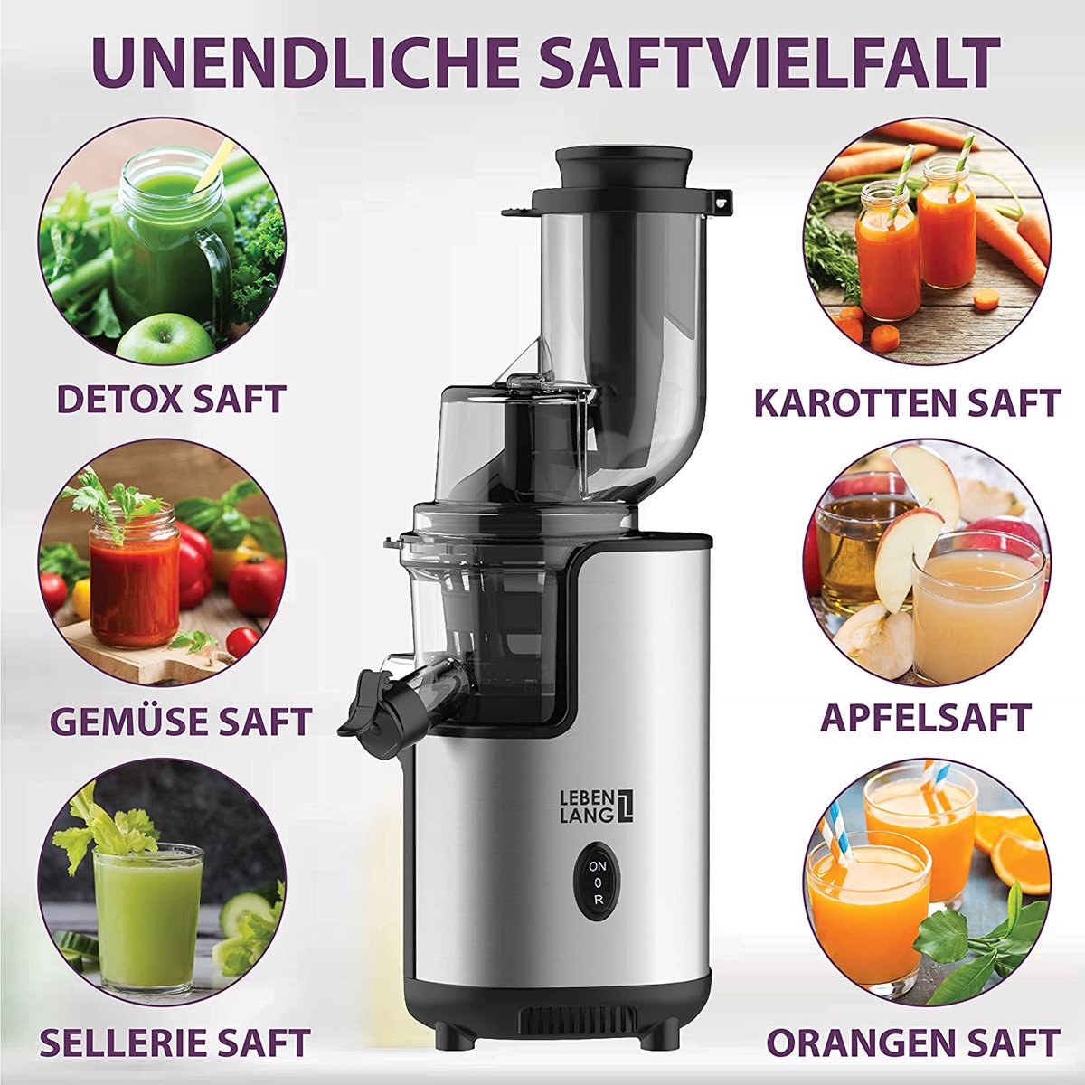 LEBENLANG Slow Juicer 45x35x25 cm - Grau - BPA-freie Kaltpresse für Obst & Gemüse, Keramik-Entsafter, elektrischer Entsafter für Sellerie, Karotten & Smoothies