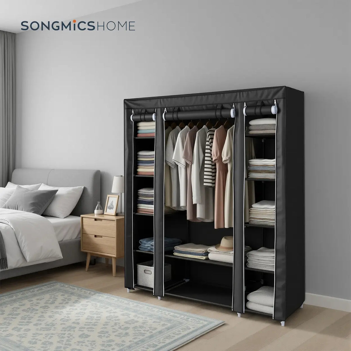 JOYFURNOS Kleiderschrank 150 x 45 x 175 cm – Schwarz – 12 Einlegeböden und Kleiderstange – Aufbewahrungsmöbel für Kleidung aus Stoff