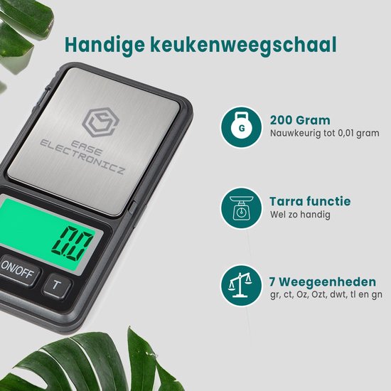 Ease Electronicz Digitale Mini-Präzisions-Küchenwaage - 0,1 bis 200 Gramm - 11,6 x 6,1 cm - Taschenwaage - inklusive 2x AAA-Batterien