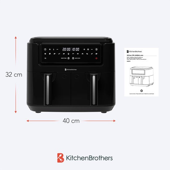 KitchenBrothers Airfryer XXL Dual Zone - 9L - 2400W - Heißluftfritteuse - Doppelter Korb - 50ºC bis 200ºC - 10 Kochprogramme - Schwarz