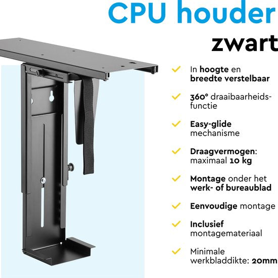 BRASQ Universal CPU-Halterung Schwarz - Verstellbarer CPU-Ständer - Kabelmanagement - 360-Grad-Drehung - Kapazität 10 KG