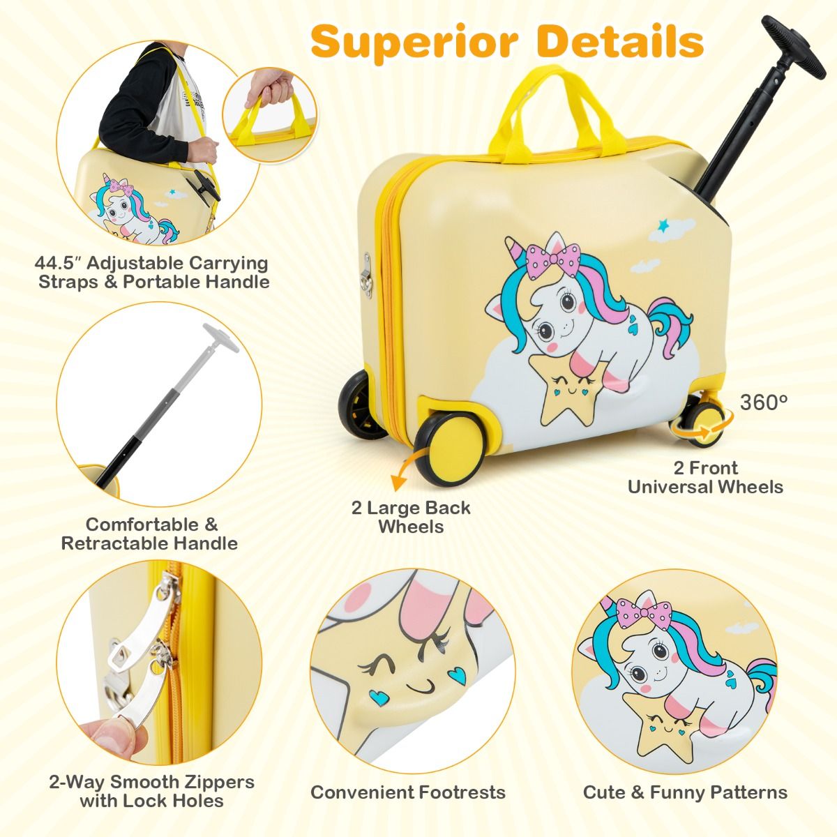Coast Kinderkoffer- und Rucksack-Set – Ride-on-Koffer mit Rädern – Rucksack mit niedlichem Bienenmotiv – Gelb