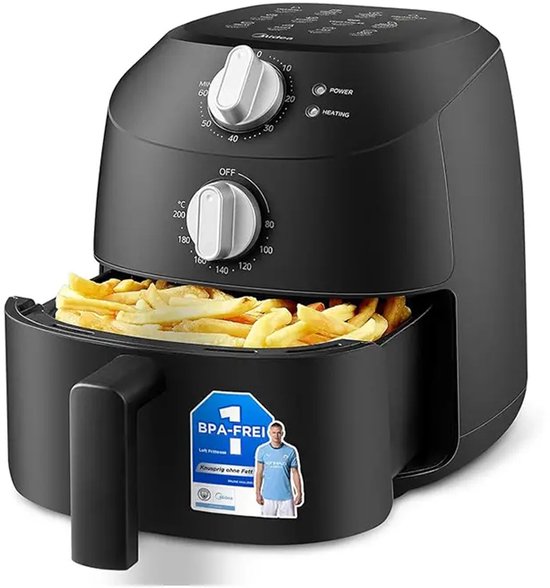 Midea Heißluftfritteuse MF-TN20D2 – 2 l, 1150 W, Frittieren ohne Öl, Heißluftfritteuse, Automatische Abschaltfunktion, Ölfrei, Leicht zu reinigen, BPA-frei, Schwarz