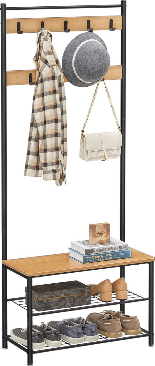 O'DADDY® Garderobenständer hochkant - Garderobe mit Schuhablage - 9 Haken 2 Lagen Schuhablage 6 Paar - Garderobe - 70 x 32 x 175 cm - Farbe Mango Holz