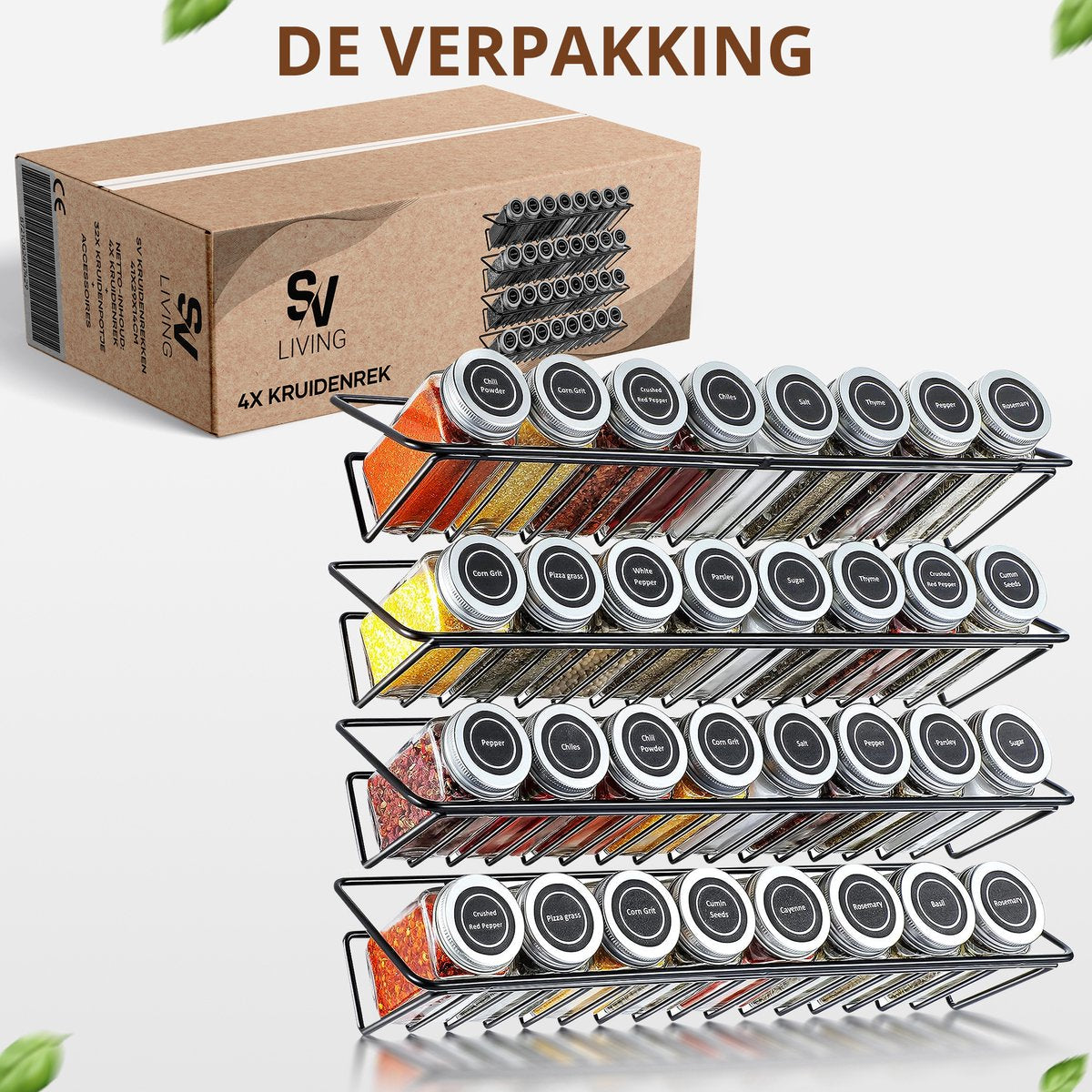 SV Living Gewürzregal Schwarz 37,3x11,9x6 cm - 32 Glasgewürzdosen mit Zubehör - Aufhängbar mit oder ohne Bohrer