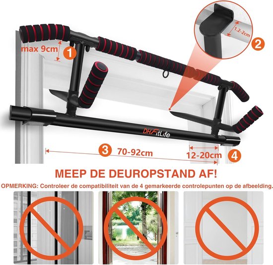 DH FitLife – Klimmzugstange für Türrahmen – Ohne Schrauben – Inkl. Sling-Trainer – Für Türrahmen von 70–92 cm
