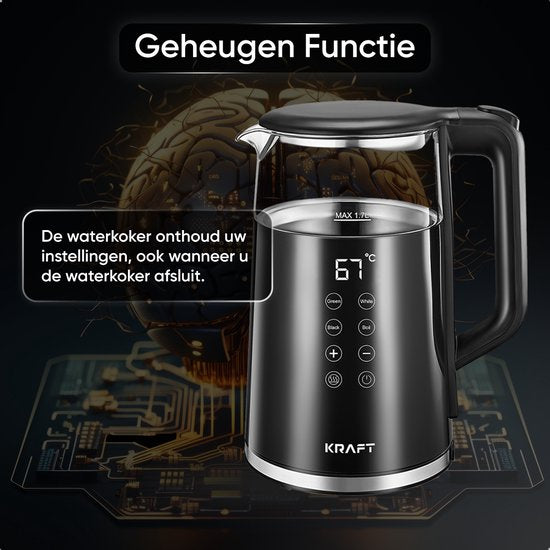 KRAFT - Wasserkocher - mit Temperaturregelung - 1,7 Liter - 2200W - Glas - LED Touch - Schwarz