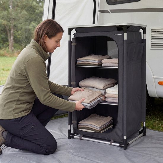 TRVLMORE Campingschrank XL - Campingküche - 90KG Tragkraft - Aluminiumrahmen - faltbar - Inkl. Tragetasche - 50x60x97CM - Grau