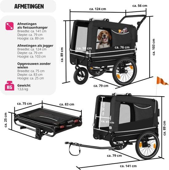 tectake - Dog WoofRider Fahrradanhänger - schwarz - vielseitig, zusammenklappbar, bis zu 40 kg - Hundebuggy Hundekinderwagen - 404946
