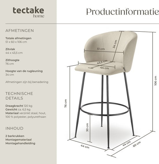 tectake® - 2er Set Barhocker Luana - Gepolsterter Barhocker mit Rückenlehne - Barhocker mit Fußstütze - Esszimmerstuhl mit Samtpolsterung - Stabile Stahlbeine mit rutschfestem Bodenschutz - Creme/Schwarz