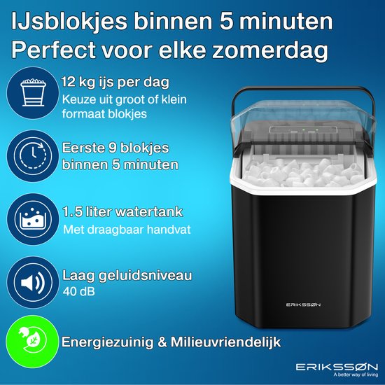 Erikssøn Eiswürfelmaschine - Eiswürfelbereiter - Inkl. Eisportionierer - 12kg/24 Std. - 9 Würfel / 6 Min. - Tragbar - Selbstreinigungsfunktion - Schwarz