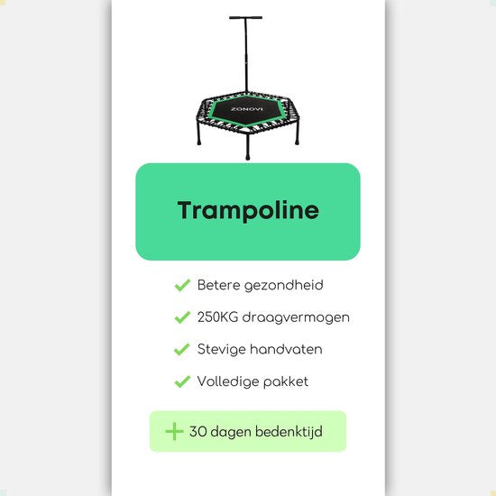 Zonovi Fitness Trampolin - Kapazität 250 KG - Mini-Trampolin - Kleines Trampolin - Sport-Trampolin - Rebounder - Bouncer - Mit Gummibändern - Schwarz - Grün - 106 cm - 42 in.
