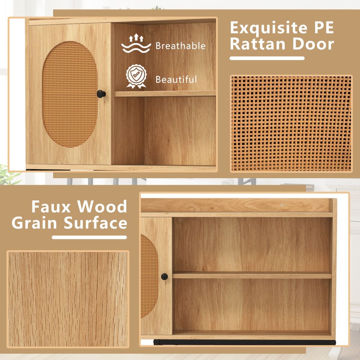 Coast Toilettenschrank 89x29x139 cm Natur - Freistehender Waschplatz mit PE-Rotan-Tür, Ablagefächern und verstellbarem Einlegeboden