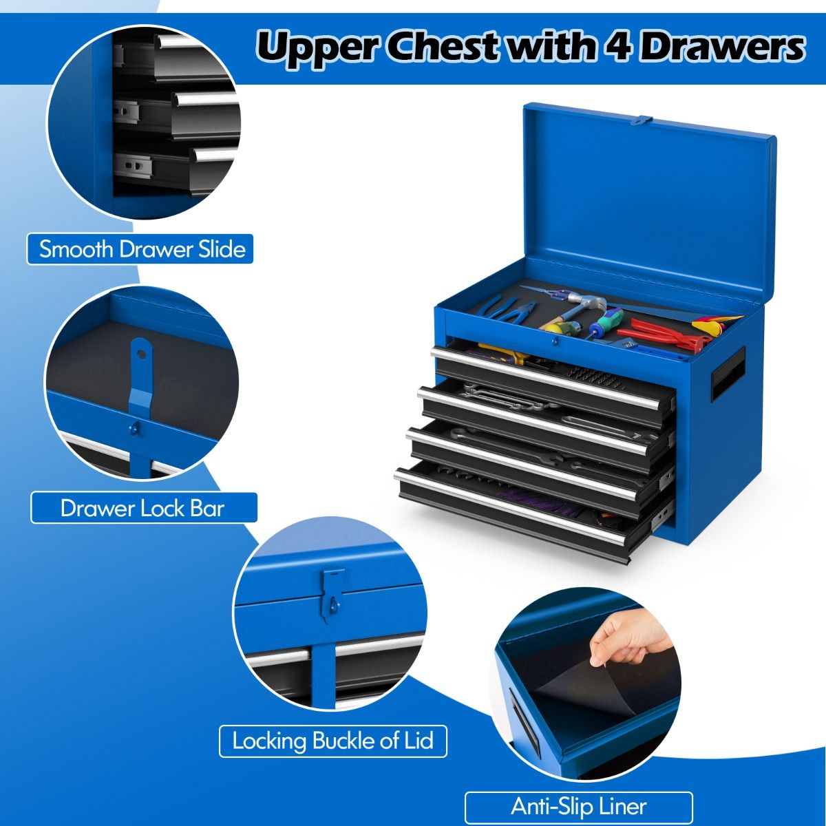 Coast Werkzeugkasten - 4-Schubladen - mit Rädern und Stauschrank - 59 x 28 x 102 cm - Blau
