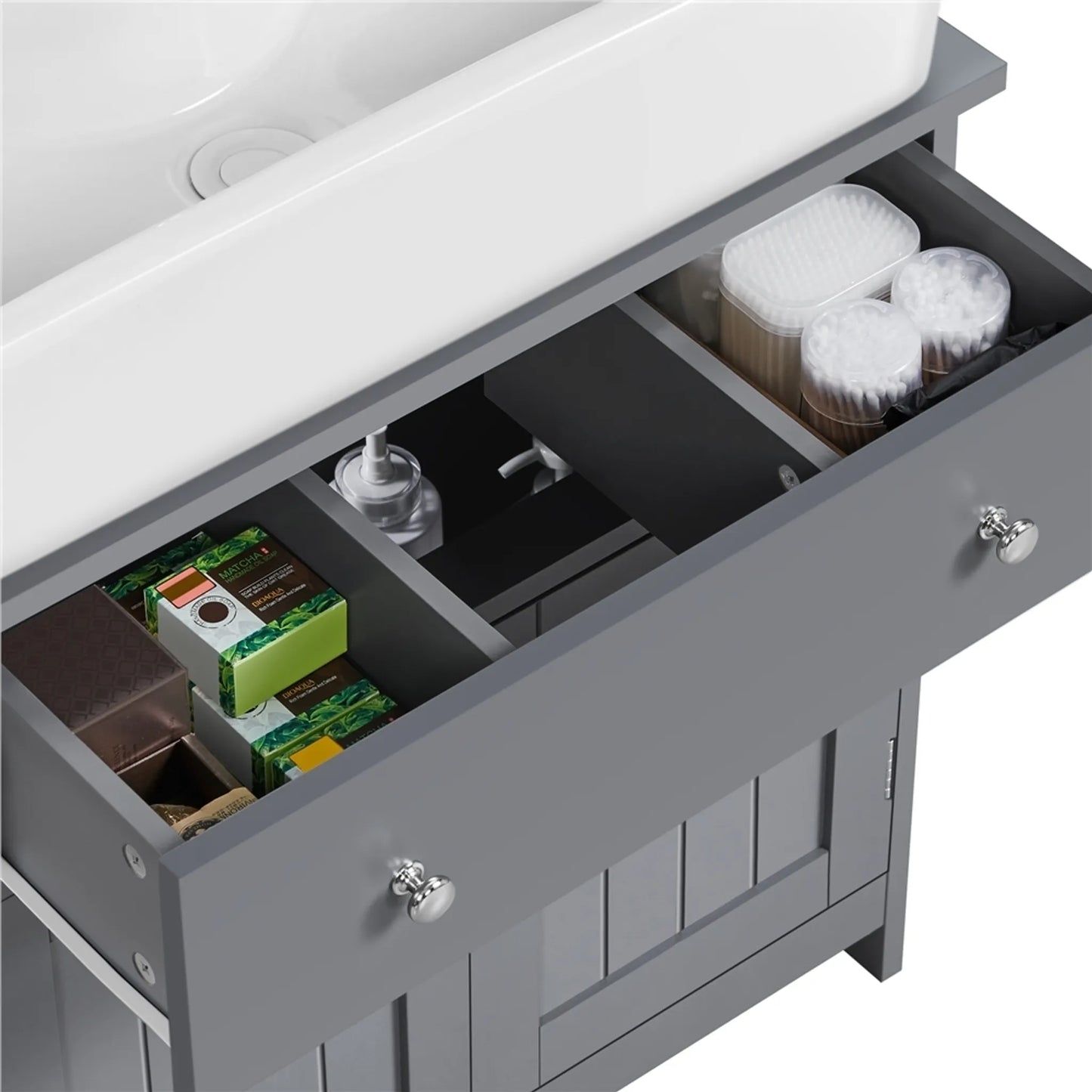 Yaheetech Unterschrank mit Schublade und zwei Fächern - Ausgestattet mit Siphonausschnitt und wasserabweisender Beschichtung und Metallbeschlägen - Für Badezimmer im Landhausstil - Dunkelgraues Mdf und Metall - 60 x 30 x 60 cm