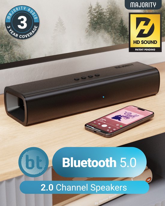 Majority Naga 40 Soundbar für TV - Inklusive Soundbar-Halterung - Mit eingebautem Subwoofer - Bluetooth 5.0, HDMI ARC, optischer und AUX-Anschluss - 2.1 Surround Sound - Fernbedienung - schwarz