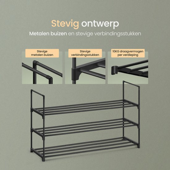 O'DADDY® Schuhregal 3 Lagen - Schuhregal - Schuhaufbewahrungssystem - Schuhschrank - Schuhregal - Schuhschrank - Aufbewahrungsregal für 12 bis 15 Paar Schuhe - Schwarzes Metall