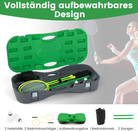 COSTWAY Badminton Netzständer, tragbares Federballspiel mit Schlägern, 2 Schlägern, Netz und Aufbewahrungsbox, komplettes Badmintonset für Badminton/Tennis und Volleyball für drinnen und draußen