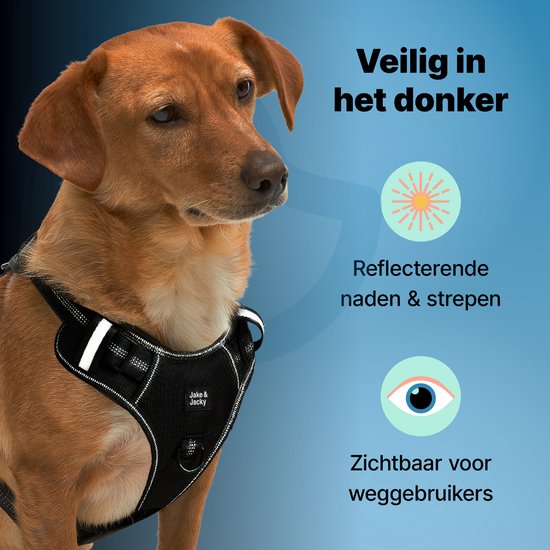 Jake und Jacky Hundegeschirr - Anti-Zieh-Geschirr - Hundegeschirr - Y-Geschirr Hund - Reflektierend - Schwarz - Größe S