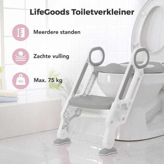 LifeGoods Toilettensitzverkleinerer - Toilettentrainer mit Treppe - Töpfchen Kleinkind - 2 bis 7 Jahre - Grau/Weiß