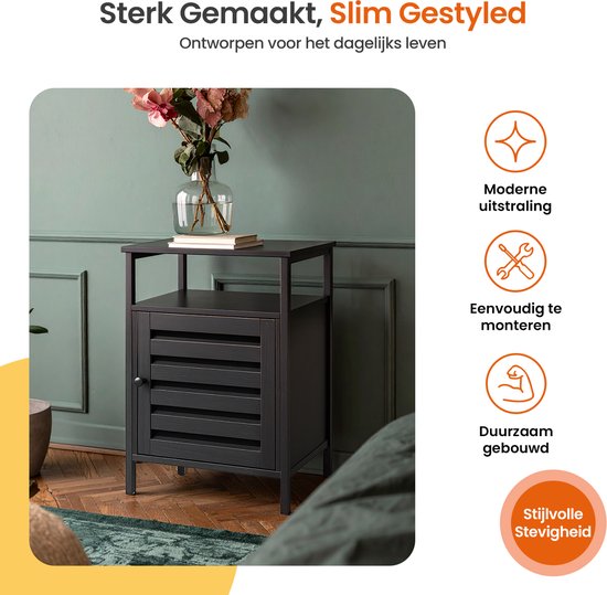 Goliving Nachttisch - 40 x 40 x 60 cm - Aufbewahrungsschrank mit Tür und Einlegeböden - Holz - Industrial - Beistelltisch Modern - Schwarz