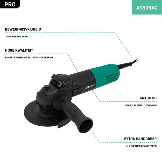 VONROC PRO Winkelschleifer - 850W - Ø125mm - für Stein, Fliesen, Beton und Stahl - inkl. Seitengriff - 3 Meter Kabel