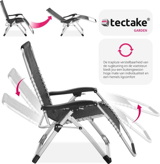 tectake - Liege Klappliege, Gartenliege, stufenlos verstellbar, Outdoor-Sessel für Balkon oder Garten, Liege mit extra dickem Kissen, Liege belastbar bis 200 kg (schwarz)