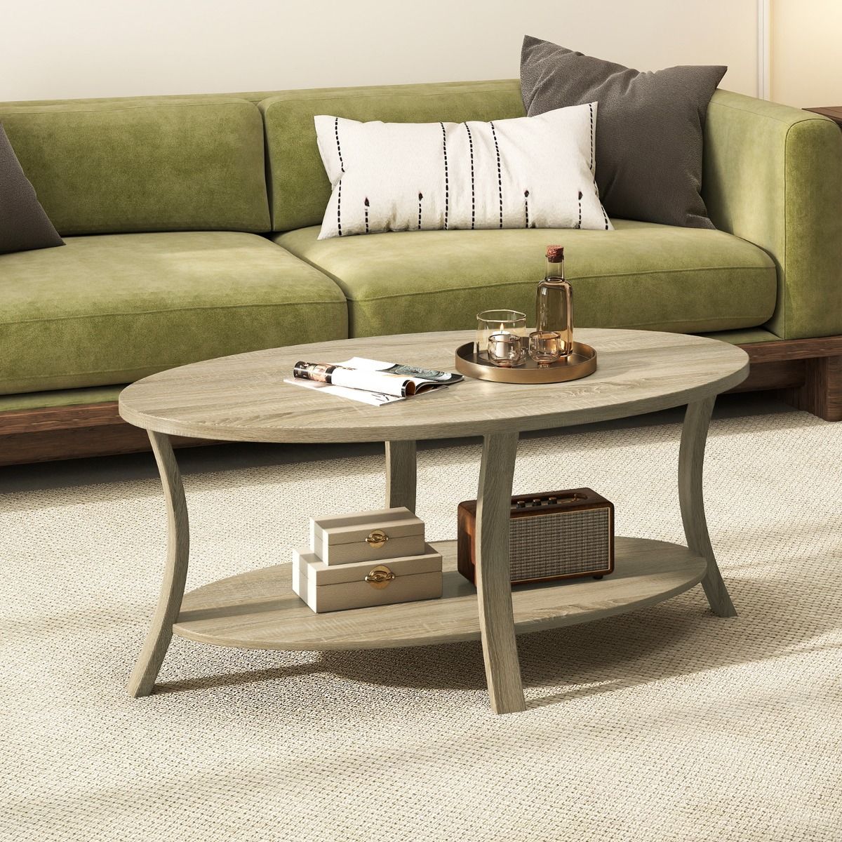 Coast Ovaler Couchtisch – 2-stöckig mit Stauraum – Kautschukholz und Eichenoptik – grau – 111 x 60,5 x 47 cm