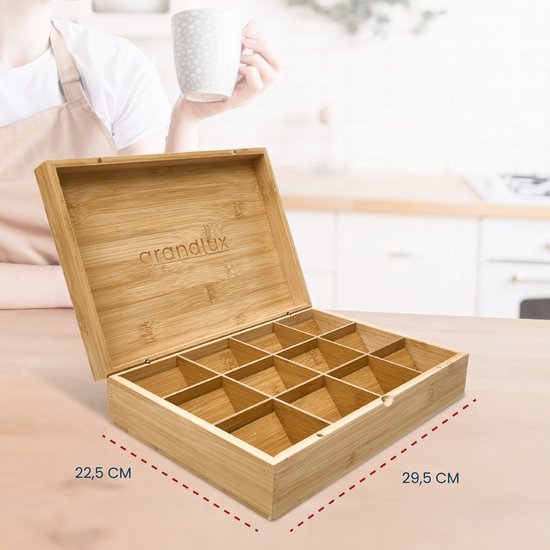 Grandlux Teedose mit 12 Fächern – Geräumige Fächer für Pickwick, Pukka, Twinings, Clipper – 100 % Bambus – Tee-Organizer