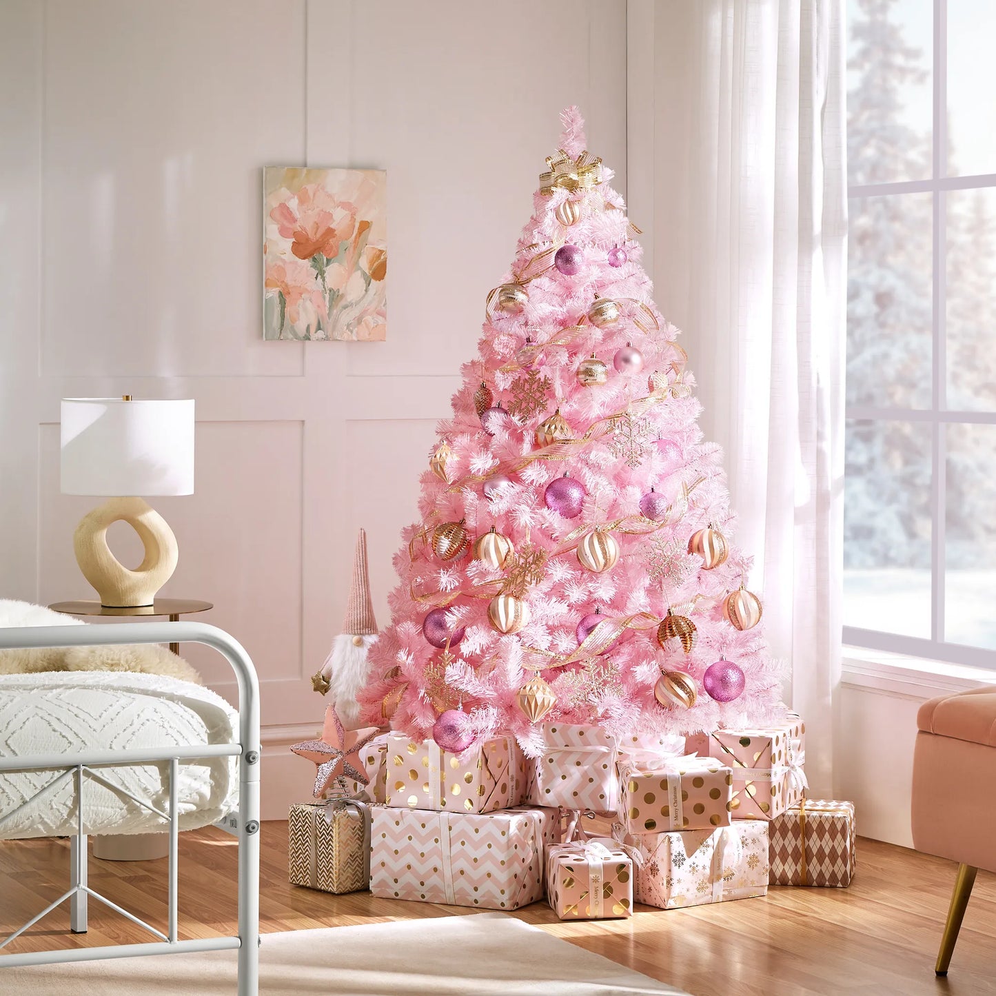 Yaheetech Künstlicher Weihnachtsbaum Rosa - 110 x 110 x 183 cm - Mit 598 Zweigen und zusammenklappbarem Metallsockel und schützenden Gummikappen - Für Wohnzimmer und Feiertage - Rosa PVC und Metall