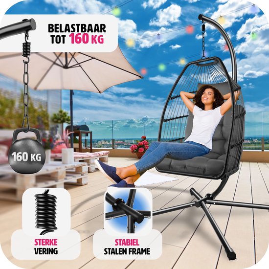 tectake - Luxuriöser Hängesessel - klappbarer und drehbarer Eiersessel mit Ständer - dicke Kissen - rutschfeste Füße - Schutzhülle inklusive. Ideal für Garten, Terrasse, Schlafzimmer - dunkelgrau
