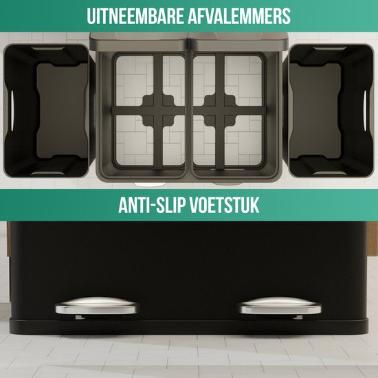 Avalo Mülleimer Abfalltrennung 60 Liter - Edelstahl Schwarz - 2 Fächer - Umweltbewusst, Hygienisch & Fingerabdruckfrei - Treteimer / Mülleimer