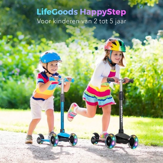LifeGoods HappyStep Kinder-Roller Höhenverstellbar Alter 2-5 Jahre 3 leuchtende Räder Schwarz