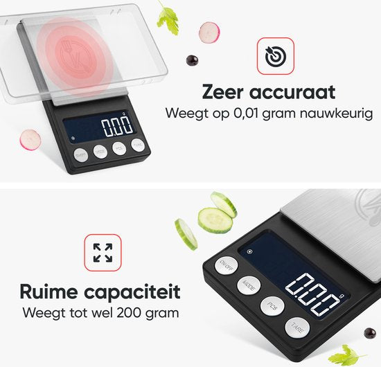 Kitchenwell digitale Mini-Präzisionsküchenwaage - 0,01 bis 200 Gramm - 14,2 x 7,5 cm - Taschenwaage USB aufladbar - Küchenwaage - schwarz