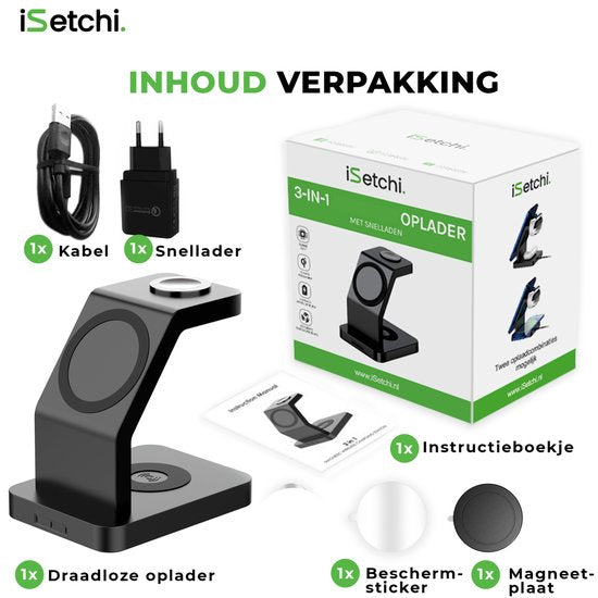 iSETCHI - Kabelloses Qi & Magsafe Ladegerät 3-in-1 - 15 Watt - Schwarzer Kunststoff - Inklusive QC 3.0 Adapter - Für iPhone, Apple Watch & Airpods - Organisierter Arbeitsplatz